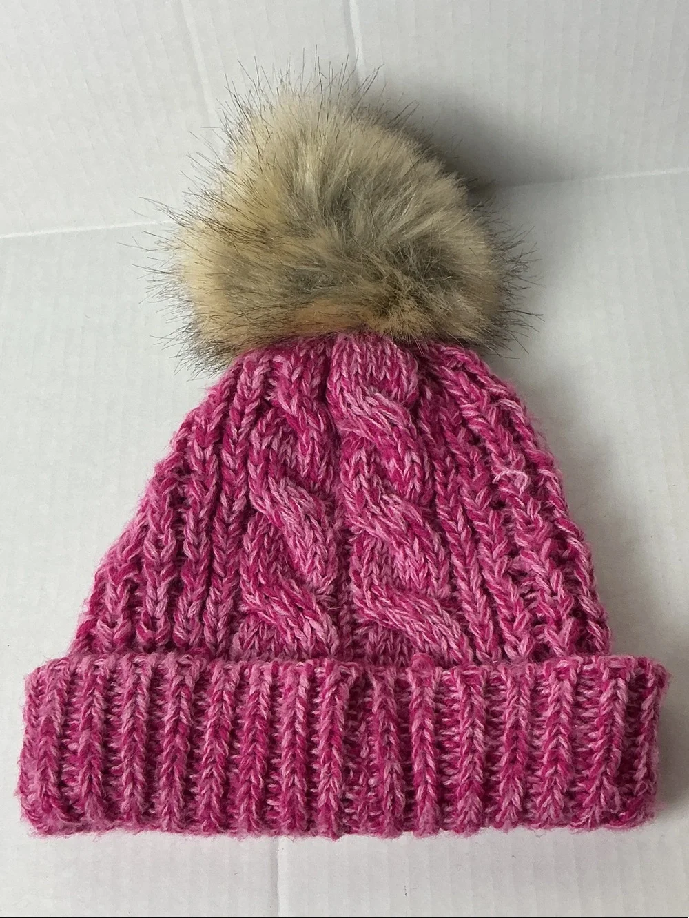 47 Kids Pink Knit Beanie with Faux Fur Pom